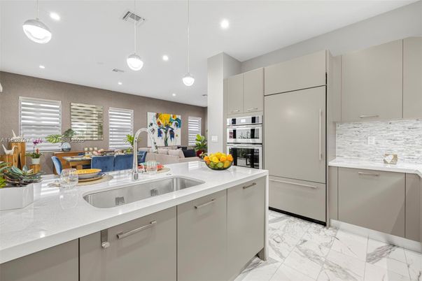 Interior, Kitchen, Marble, Pendant Lights, Recessed Lighting, Stainless Steel Appliances