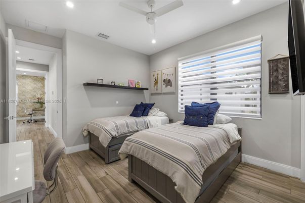 Bedroom, Interior, Recessed Lighting, Wood Texture Flooring