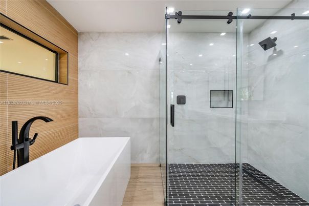 Bathroom, Glass Shower, Interior, Marble Walls, Recessed Lighting, Wood Texture Flooring