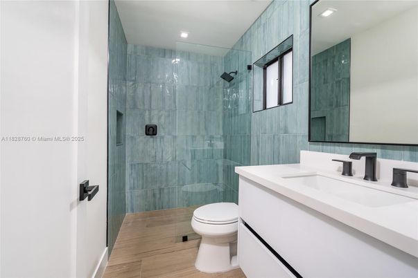 Bathroom, Glass Shower, Interior, Recessed Lighting, Wood Texture Flooring