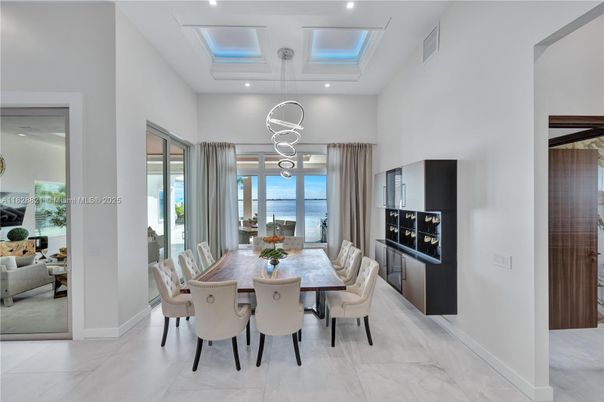 Dining room, Interior, Marble, Pendant Lights, Recessed Lighting, Water