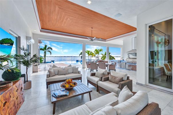 Dining room, Interior, Living room, Pendant Lights, Recessed Lighting, Water, Wooden Ceilings