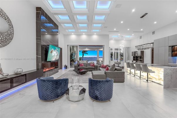 Fireplace, Interior, Kitchen, Living room, Pendant Lights, Recessed Lighting, Water