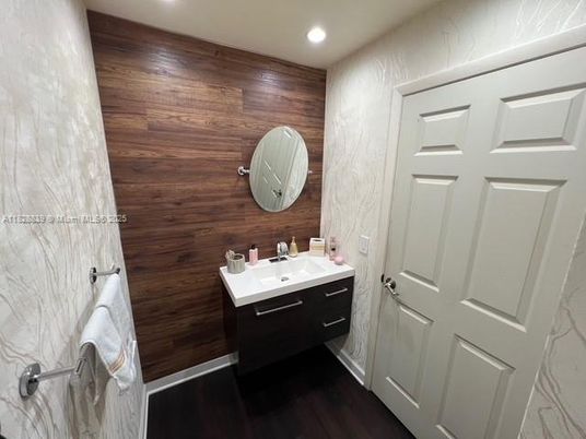 Bathroom, Interior, Recessed Lighting, Wood Texture Flooring, Wooden Walls