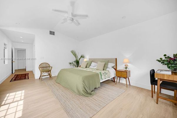 Bedroom, Interior, Recessed Lighting, Wood Texture Flooring