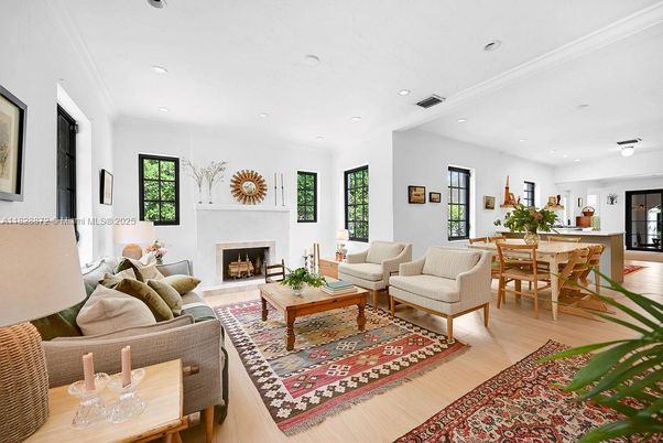 Dining room, Fireplace, Interior, Living room, Recessed Lighting, Wood Texture Flooring