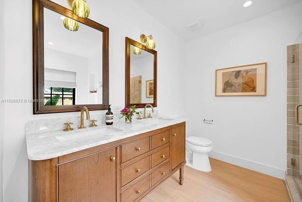 Bathroom, Dual Sink Vanities, Interior, Recessed Lighting, Wood Texture Flooring