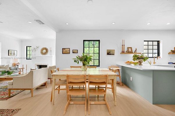 Dining room, Fireplace, Interior, Living room, Recessed Lighting, Wood Texture Flooring