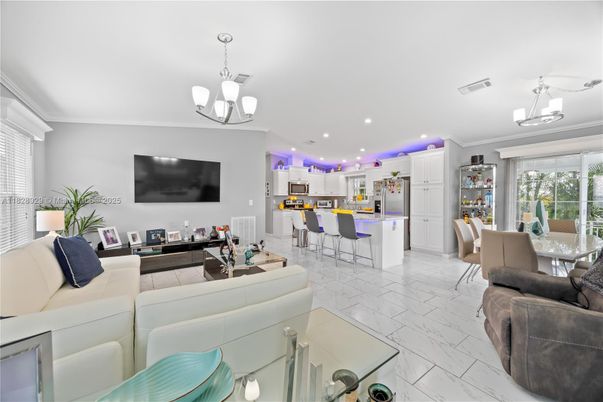 Dining room, Interior, Kitchen, Living room, Marble, Pendant Lights, Recessed Lighting