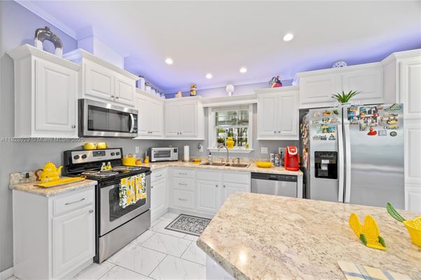 Interior, Kitchen, Marble, Recessed Lighting, Stainless Steel Appliances