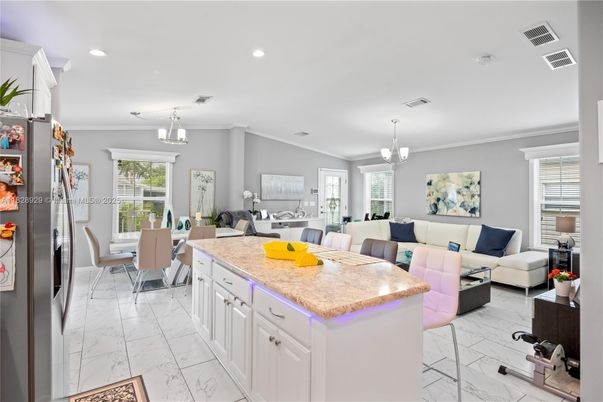 Chandelier, Dining room, Interior, Kitchen, Living room, Marble, Pendant Lights, Recessed Lighting