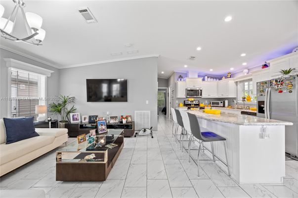 Interior, Kitchen, Living room, Marble, Recessed Lighting, Stainless Steel Appliances