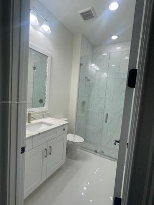 Bathroom, Glass Shower, Interior, Marble Walls, Recessed Lighting