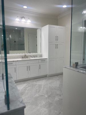 Bathroom, Dual Sink Vanities, Glass Shower, Interior, Marble, Recessed Lighting