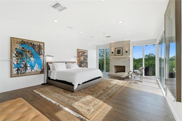 Bedroom, Fireplace, Interior, Recessed Lighting, Wood Texture Flooring
