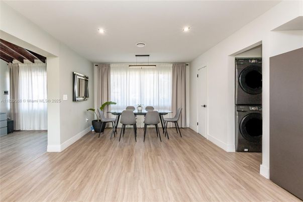 Dining room, Interior, Recessed Lighting, Utility Closets, Washer, Wood Texture Flooring