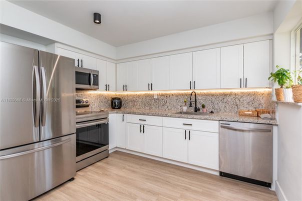 Interior, Kitchen, Recessed Lighting, Stainless Steel Appliances, Wood Texture Flooring
