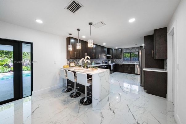 Interior, Kitchen, Marble, Pendant Lights, Recessed Lighting, Stainless Steel Appliances