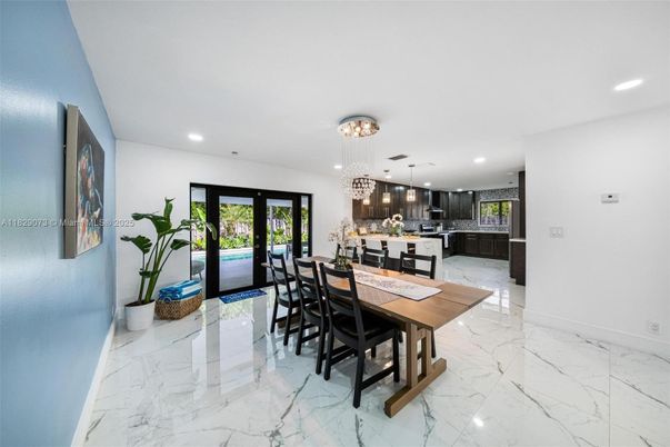 Dining room, Interior, Kitchen, Marble, Pendant Lights, Recessed Lighting, Stainless Steel Appliances