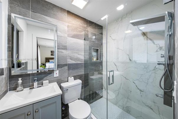 Bathroom, Glass Shower, Interior, Marble Walls, Recessed Lighting