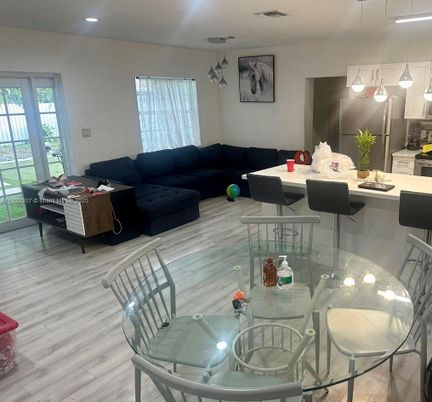 Dining room, Interior, Living room, Pendant Lights, Recessed Lighting, Wood Texture Flooring