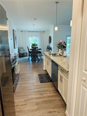 Dining room, Interior, Kitchen, Pendant Lights, Wood Texture Flooring