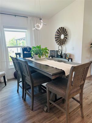 Dining room, Interior, Pendant Lights, Wood Texture Flooring