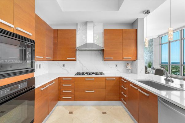 Interior, Kitchen, Marble Walls, Pendant Lights, Stainless Steel Appliances, Water
