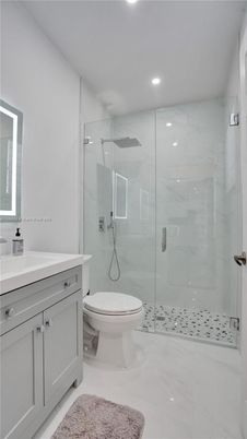 Bathroom, Glass Shower, Interior, Marble Walls, Recessed Lighting