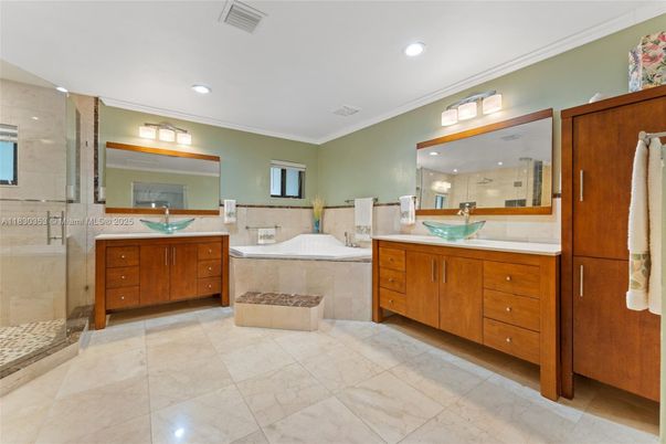 Bathroom, Dual Sink Vanities, Glass Shower, Interior, Recessed Lighting