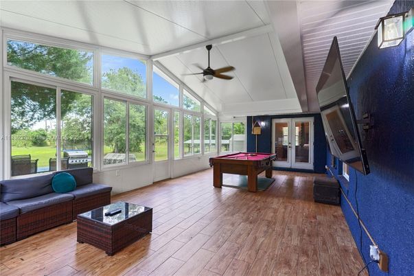 Billiard Table, Game Room, Interior, Sun Room, Wood Texture Flooring