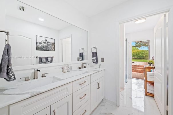 Bathroom, Dual Sink Vanities, Interior, Marble, Recessed Lighting