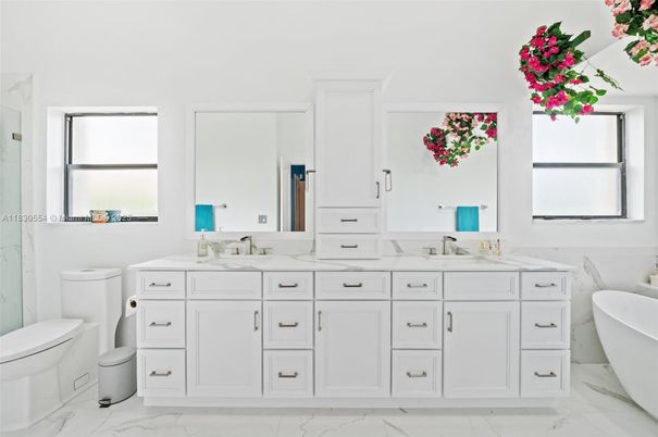 Bathroom, Dual Sink Vanities, Free Standing Baths, Interior, Marble