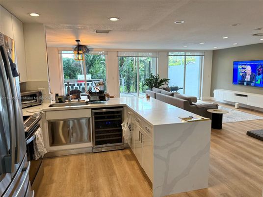 Interior, Kitchen, Living room, Recessed Lighting, Stainless Steel Appliances, Wood Texture Flooring