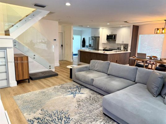 Dining room, Interior, Kitchen, Living room, Pendant Lights, Recessed Lighting, Stainless Steel Appliances, Wood Texture Flooring
