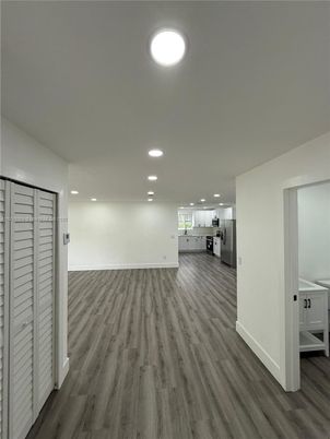 Empty room, Interior, Kitchen, Recessed Lighting, Wood Texture Flooring