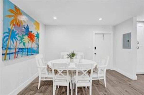 Dining room, Interior, Recessed Lighting, Wood Texture Flooring