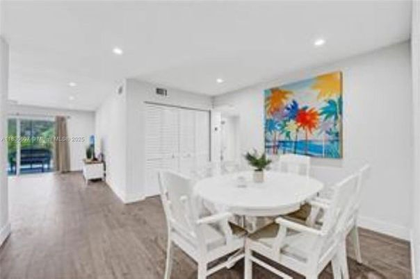 Dining room, Interior, Recessed Lighting, Wood Texture Flooring