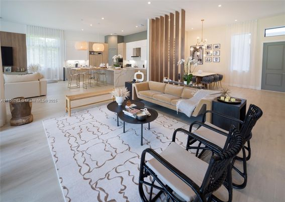 Dining room, Interior, Kitchen, Living room, Pendant Lights, Recessed Lighting, Stainless Steel Appliances, Wood Texture Flooring