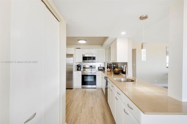Interior, Kitchen, Pendant Lights, Recessed Lighting, Stainless Steel Appliances, Wood Texture Flooring