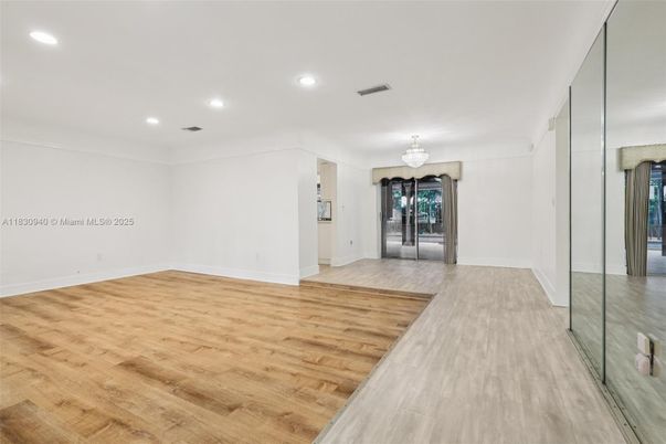 Chandelier, Empty room, Interior, Recessed Lighting, Wood Texture Flooring
