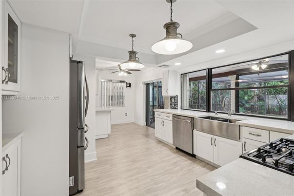 Interior, Kitchen, Pendant Lights, Recessed Lighting, Wood Texture Flooring