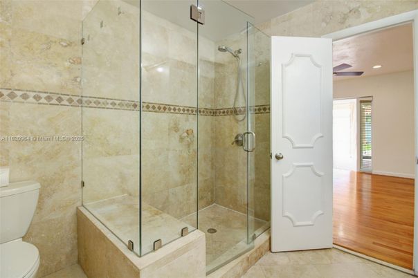 Bathroom, Glass Shower, Interior, Recessed Lighting, Wood Texture Flooring