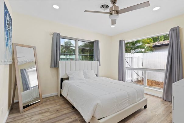 Bedroom, Interior, Recessed Lighting, Wood Texture Flooring