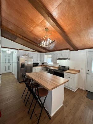 Chandelier, Interior, Kitchen, Stainless Steel Appliances, Wooden Beams, Wooden Ceilings, Wood Texture Flooring