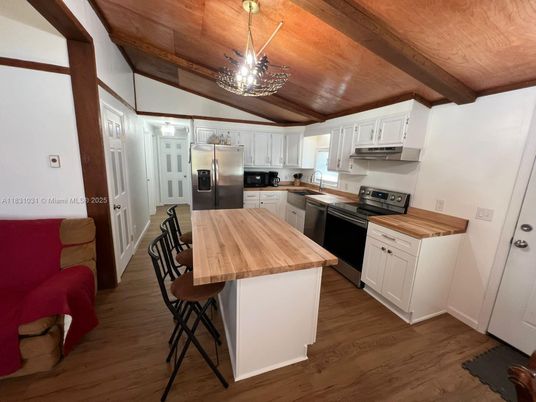 Chandelier, Interior, Kitchen, Stainless Steel Appliances, Wooden Beams, Wooden Ceilings, Wood Texture Flooring