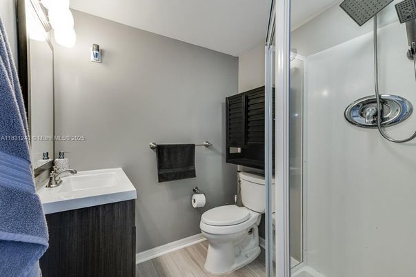 Bathroom, Glass Shower, Interior, Wood Texture Flooring
