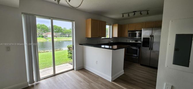 Interior, Kitchen, Stainless Steel Appliances, Water, Wood Texture Flooring