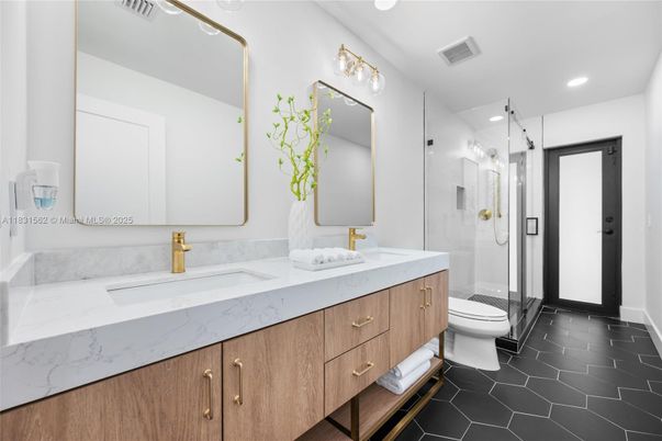 Bathroom, Dual Sink Vanities, Glass Shower, Interior, Recessed Lighting