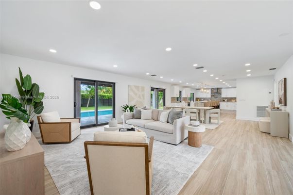 Dining room, Interior, Kitchen, Living room, Pendant Lights, Recessed Lighting, Wood Texture Flooring